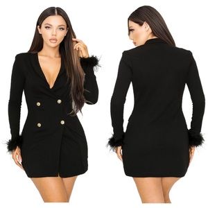 NWT $110 Collared Double Breast Blazer Jacket Mini Dress Fur trim